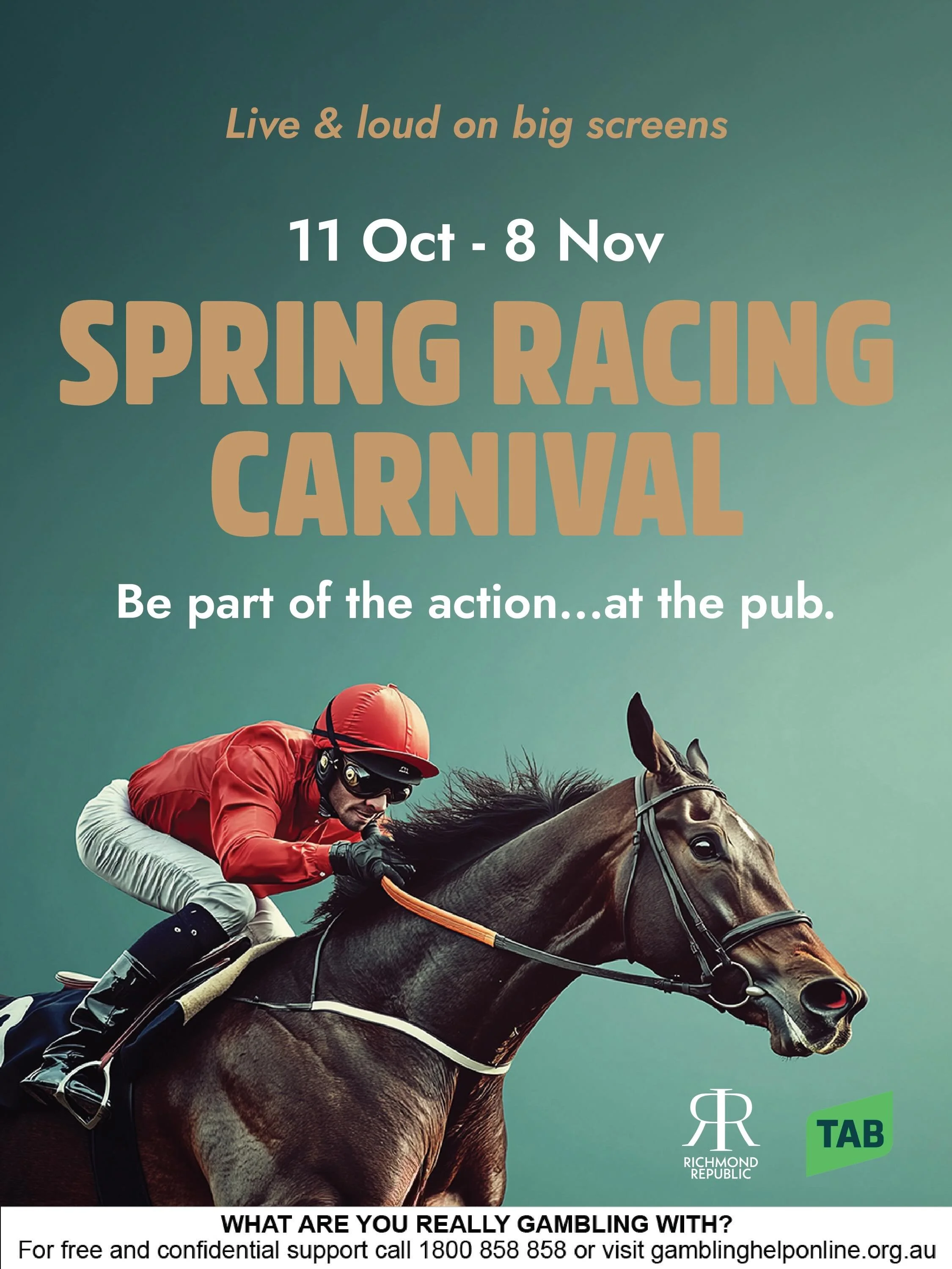🏇 SPRING RACING CARNIVAL 🏇

Live &amp; loud on our big screens, every race day, all carnival long.

From the Caulfield Cup to the Cox Plate, Derby Day, Melbourne Cup, Oaks and Stakes Day, we&rsquo;re showing all the big races. Grab the crew, lock i
