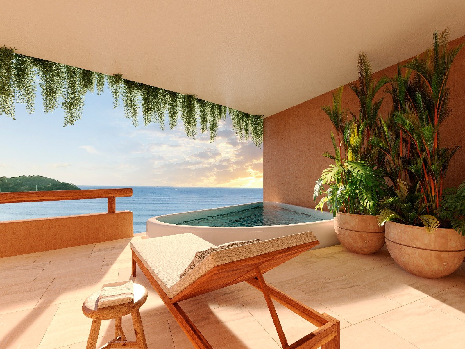 Modern terrace with a sea view featuring a wooden lounge chair, small stool, and a rectangular pool. Large potted plants are on the right, and hanging greenery decorates the overhang. Sunny seaside landscape in the background.