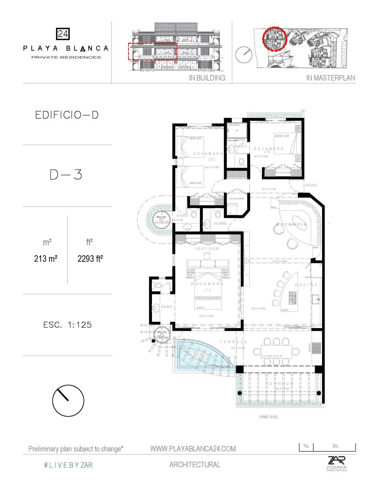 Architectural floor plan for Playa Blanca private residence, featuring layout of Edificio D, unit D-3. Includes rooms like kitchen, dining area, bedrooms, and terraces. Scale is 1:125 with overall area measuring 213 m² or 2293 ft². Preliminary design