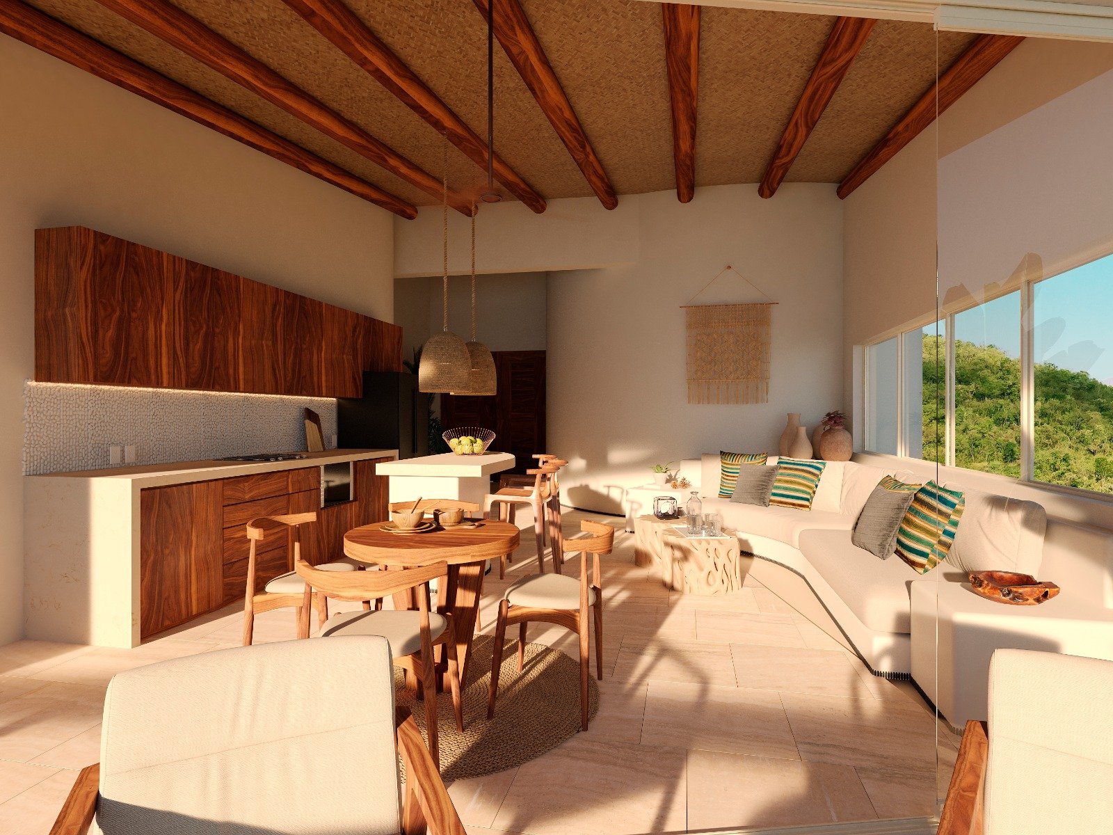 Modern open-plan kitchen and living area with wooden furniture, large windows, and a curved sofa with colorful cushions.