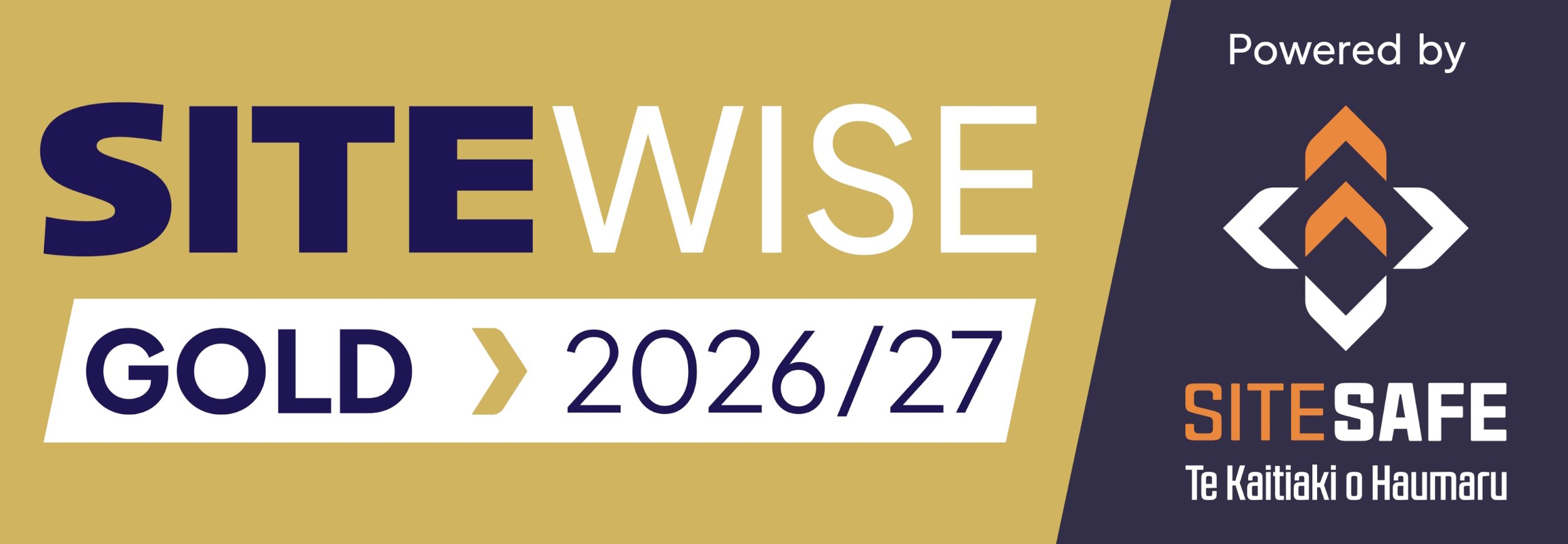 A banner displaying the text "SITEWISE GOLD 2026/27" on a gold background, and the logo and text "Powered by SITE SAFE Te Kaitaki o Haumaru" on a dark background.