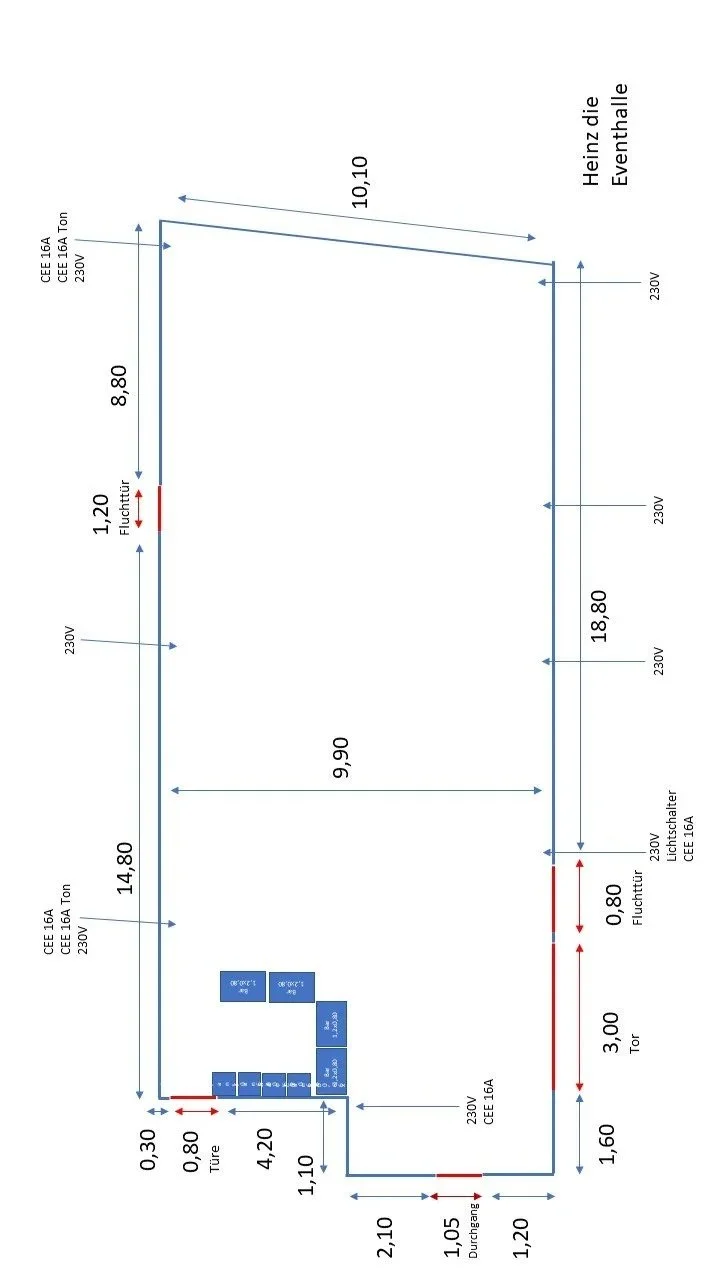 Der Plan zeigt die Verkabelung eines elektrischen Systems mit Maßen, Kabeltypen, Sicherheitsabständen und Anschlussdetails, inklusive Fluchtwege, Stromkreise und Sicherungen.