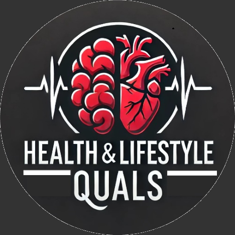 Logo with stylized brain and heart, surrounded by a heartbeat line, and text reading 'Health & Lifestyle Quals'.