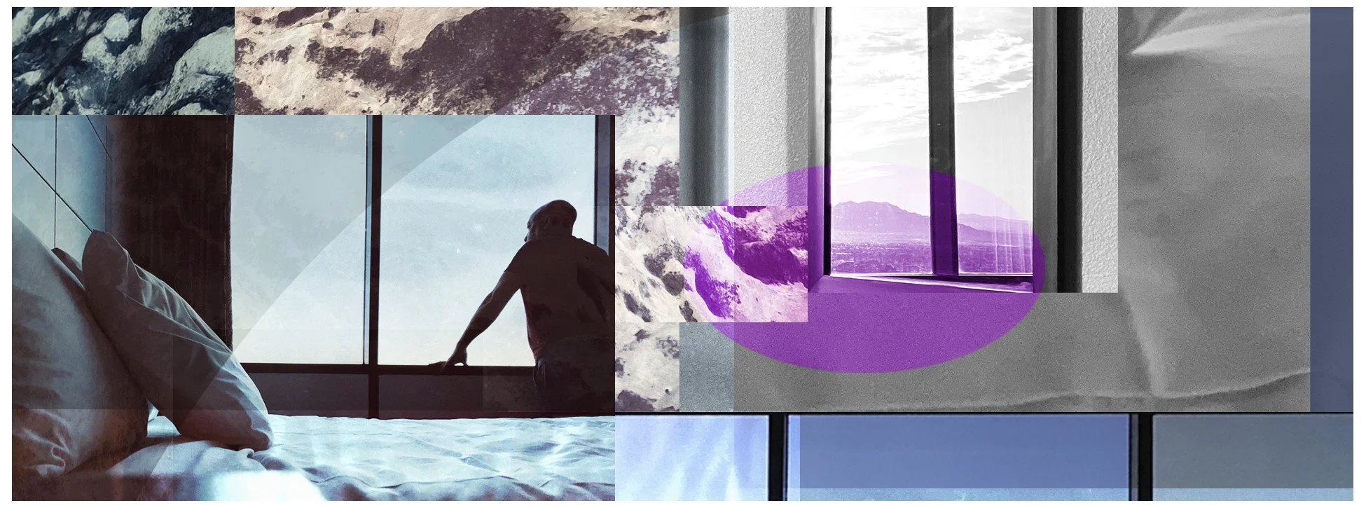 A person sitting on a bed by a large window, looking outside at a mountain landscape, with multiple landscape images and abstract shapes overlaid.