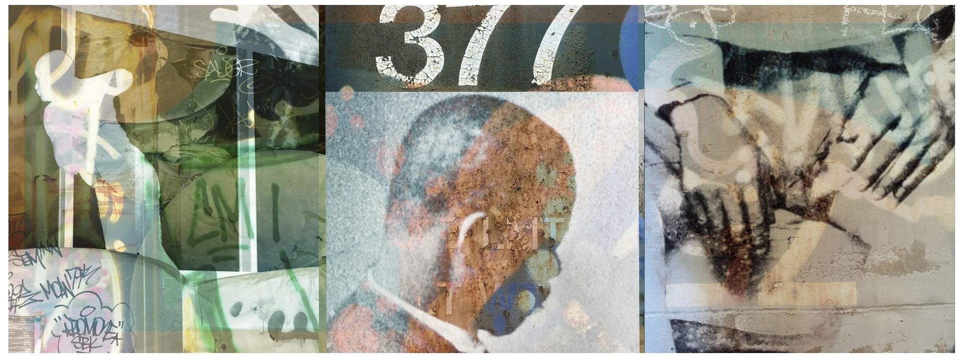A collage of urban street art graffiti, including artistic illustrations of a woman's profile, a sculpted head, and abstract painted figures.