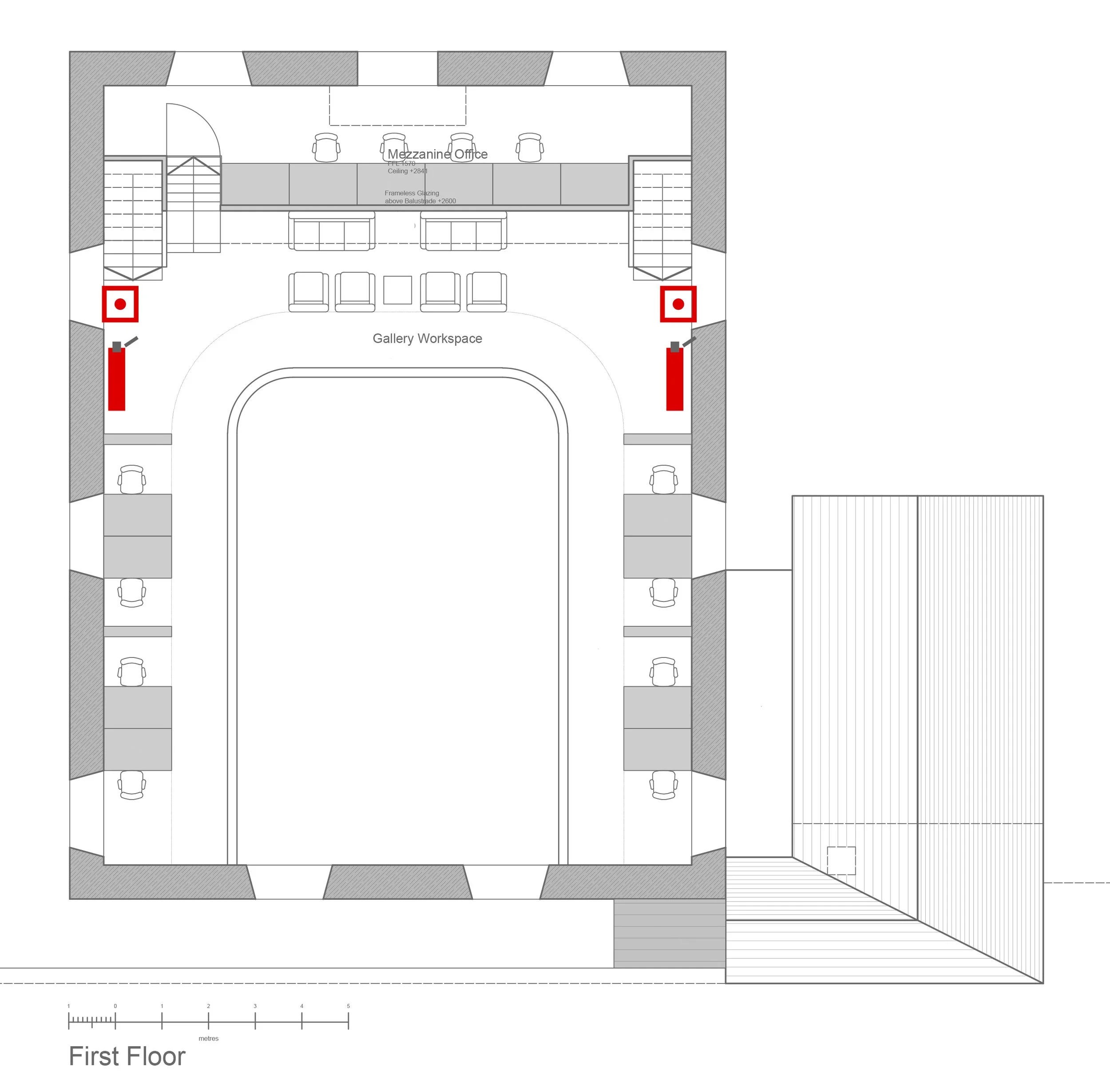 Architectural floor plan of The Maker's Kirk, Greenock - first floor, showing layout and staircases on both sides.