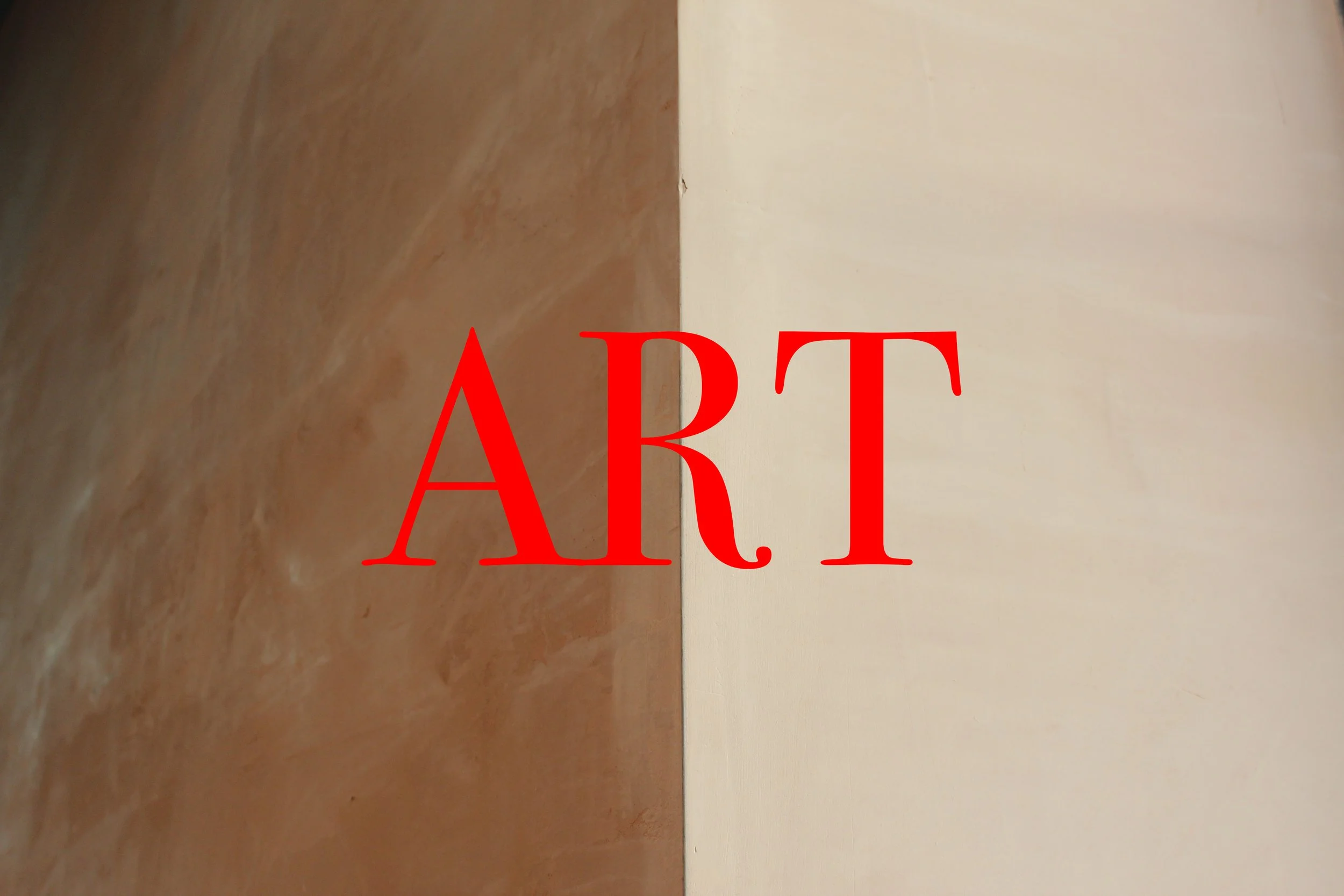 A split image showing two different wall textures in beige and light brown, with the word 'ART' in bold red text overlaying both sides.