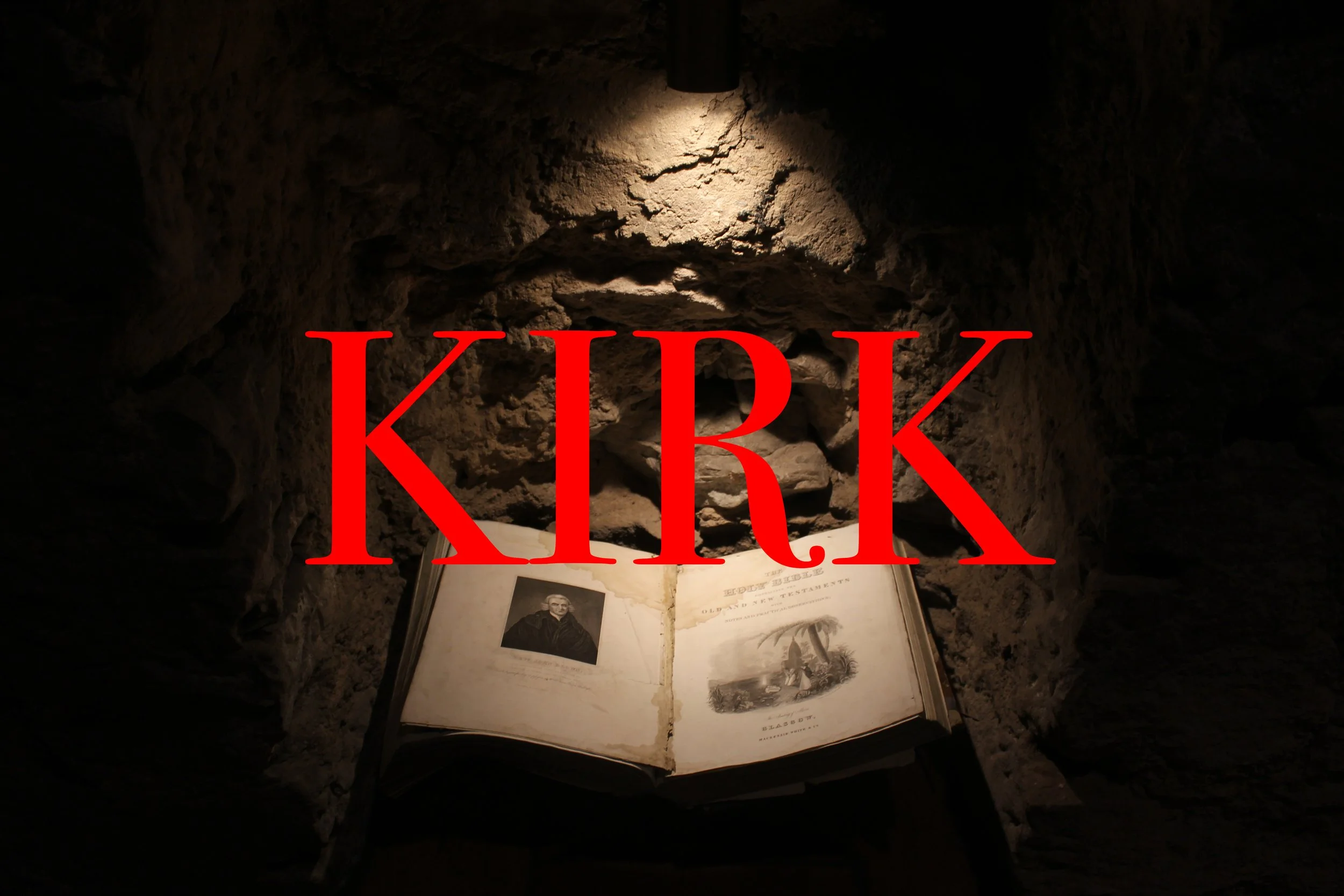 An open book displaying a portrait of a man and text, illuminated by a small light, against a rough stone wall background, with the word 'KIRK' in large red letters overlaid.