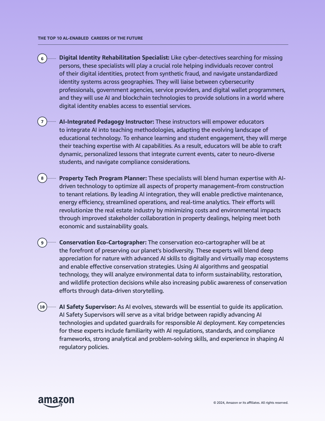 List of future top 10 AI-enabled careers, including Digital Identity Rehabilitation Specialist, AI-Integrated Pedagogy Instructor, Property Tech Program Planner, Conservation Eco-Cartographer, and AI Safety Supervisor, with descriptions of each role.
