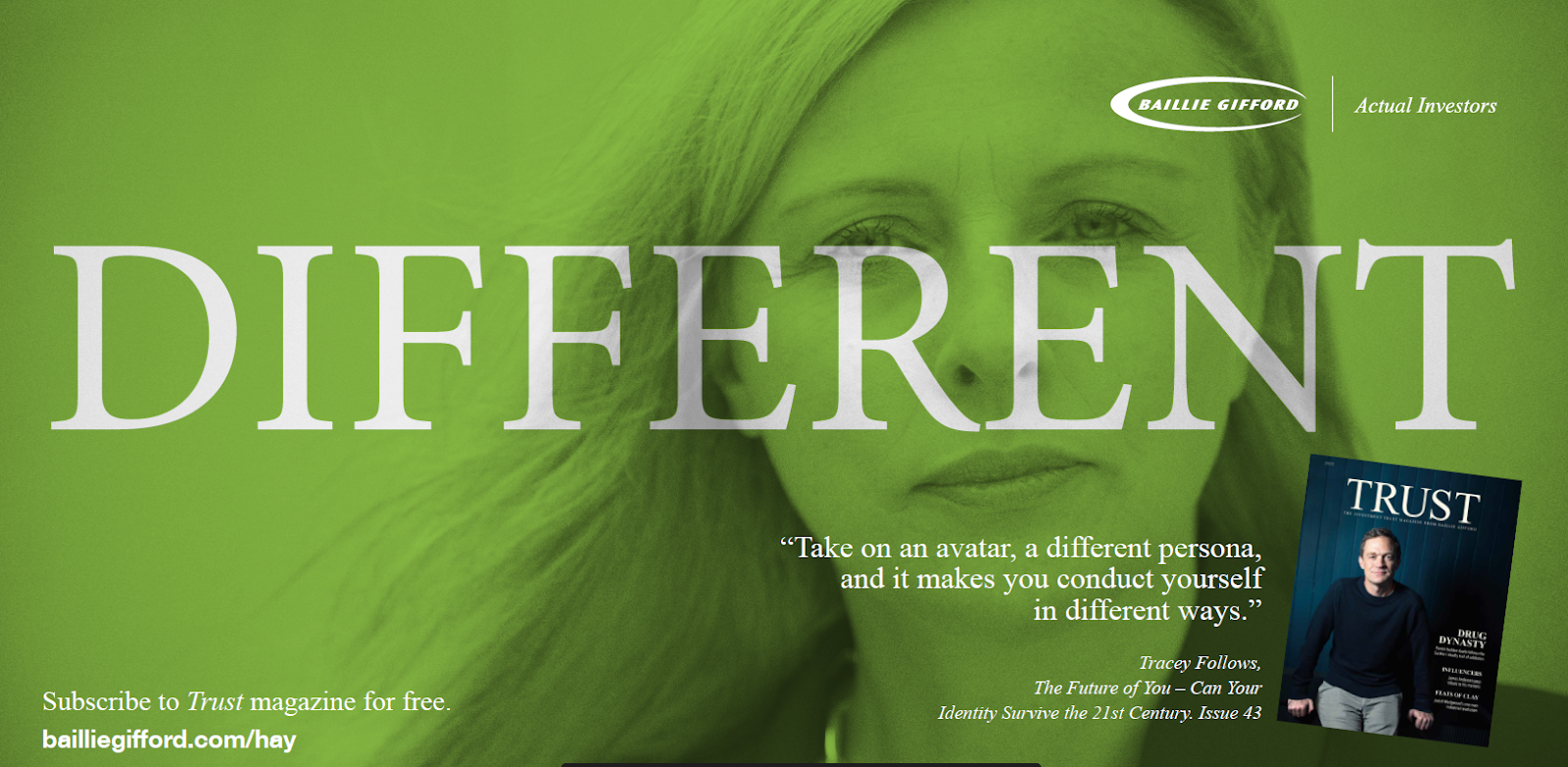 Magazine cover featuring  Tracey Follows the author and futurist who is a woman with long hair, large text saying 'DIFFERENT', a smaller quote about avatars and identity, and a magazine inset titled 'TRUST' with an image of a man in a black shirt.
