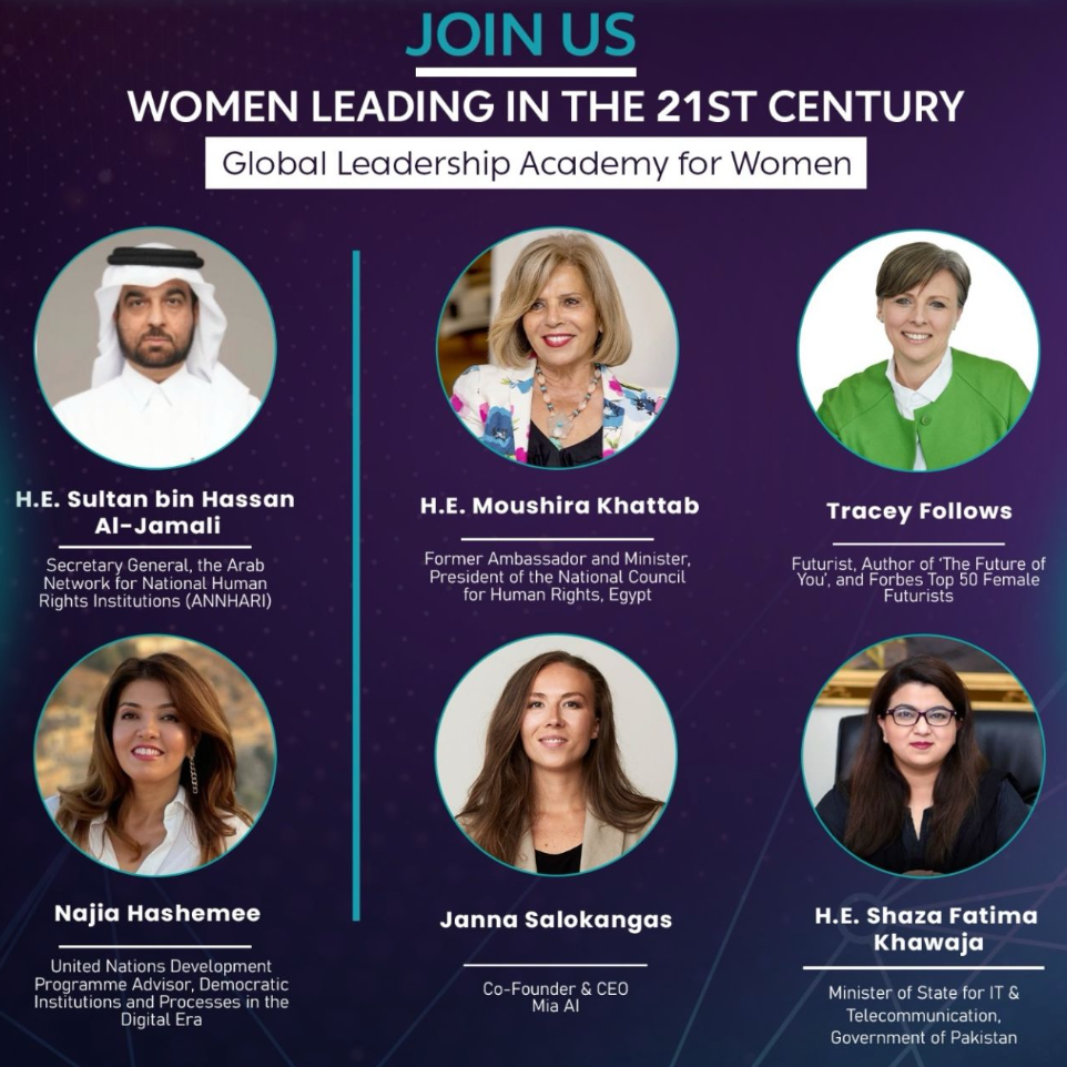 Announcement poster for a women's leadership event featuring photos and titles of women leaders, including H.E. Sultan bin Hassan Al-Jamali, H.E. Moushira Khattab, Tracey Follows, Najia Hasheemee, Janna Salokangas, and H.E. Shaza Fatima Khawaja, with
