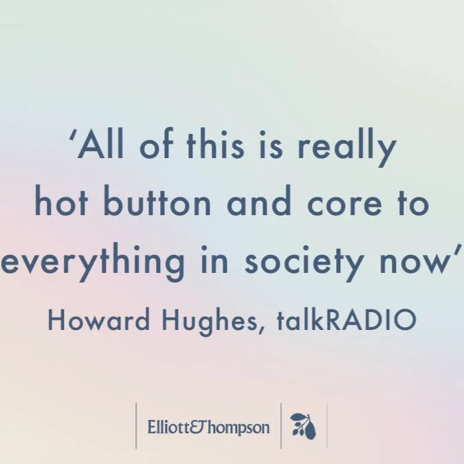 Quote by Howard Hughes on a light pastel background, mentioning a hot button issue in society now, with the Elliot & Thompson logo at the bottom, promoting The Future of You by Tracey Follows