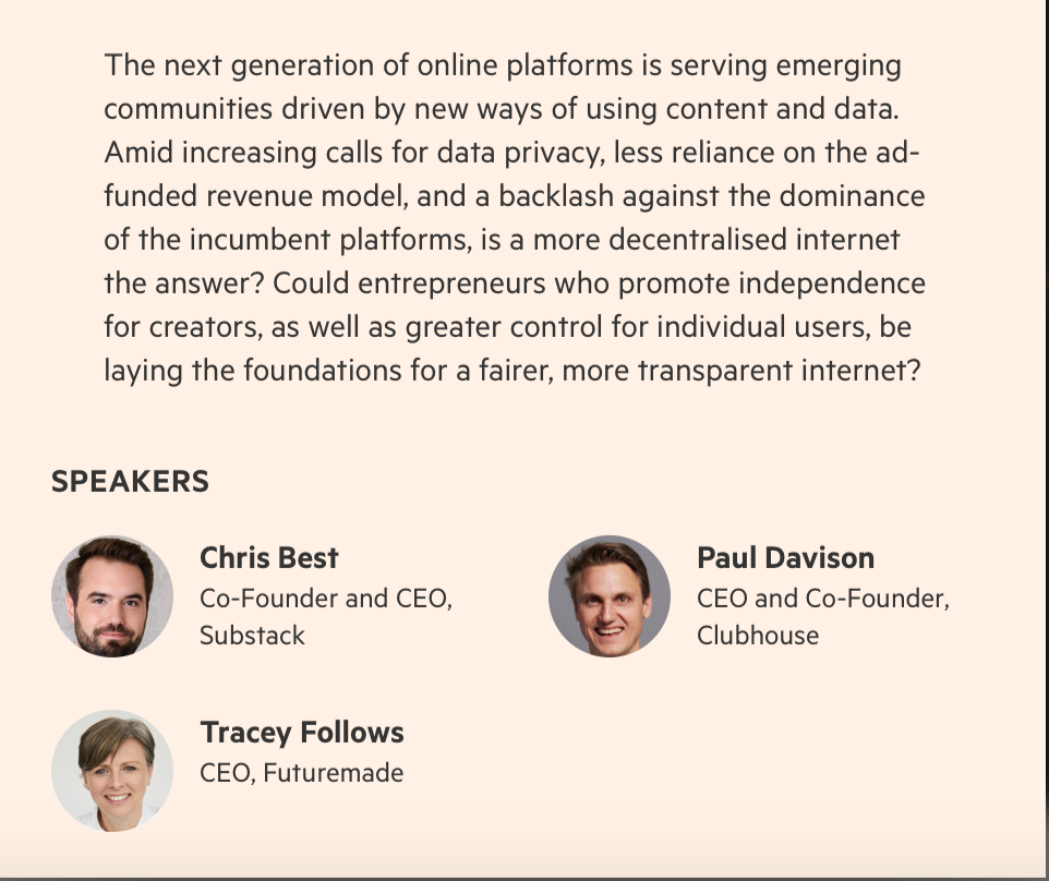 Text about the future of online platforms and speakers at a conference, including Chris Best, Paul Davison, and Tracey Follows.