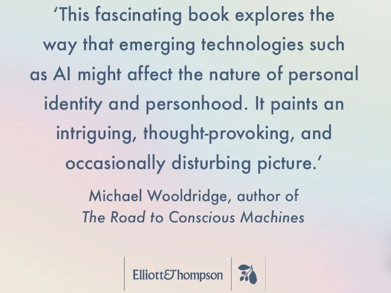 Quote on a pastel gradient background about how emerging technologies like AI may influence personal identity and perception, attributed to Michael Wooldridge, with the author's name, Tracey Follows and book title The Future of You at the bottom 