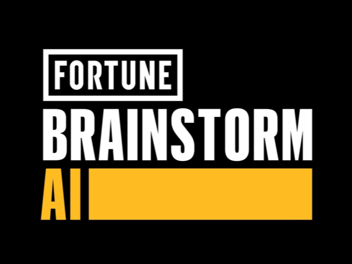 Logo with the words "FORTUNE BRAINSTORM AI" in white and yellow text on a black background.