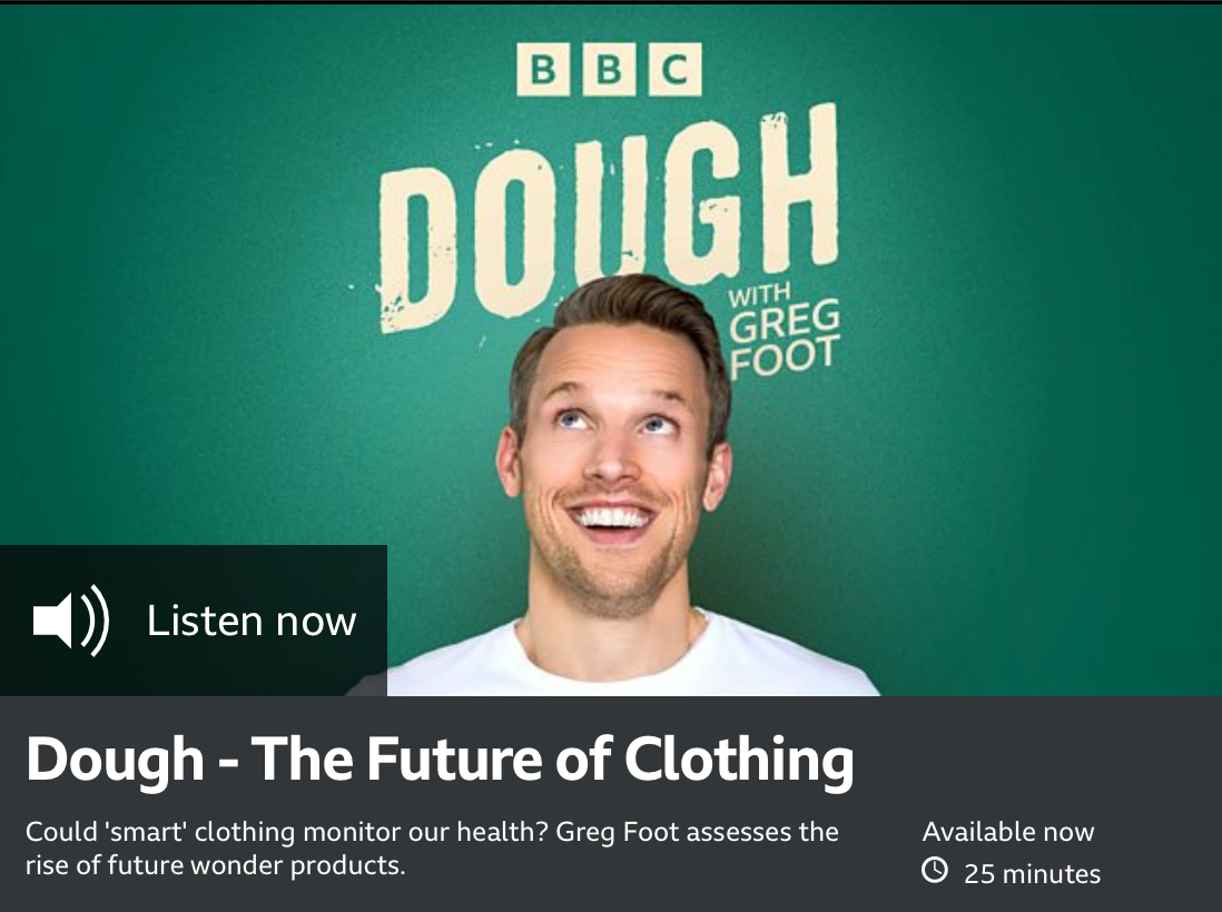 A promotional graphic for BBC Dough with Greg Foot, featuring a smiling man in front of a green background with the title 'Dough' and the subtitle 'The Future of Clothing'.