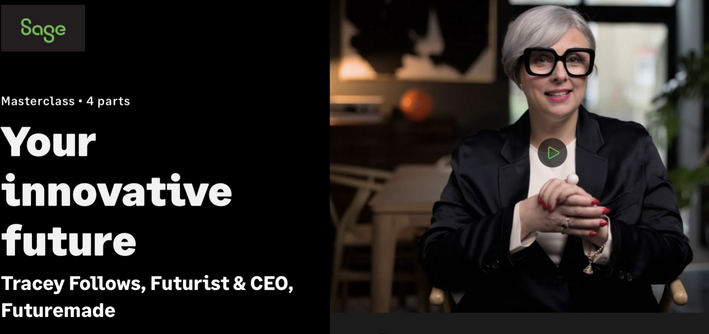 A woman with short gray hair, large black glasses, and a black blazer  givin a masterclass on futures and innovation. she is tracey follows and teh masterclass is a Sage programme for SME