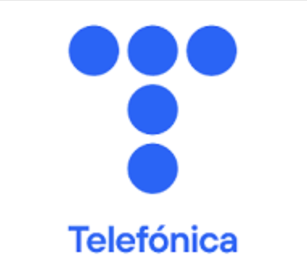 Blue dots arranged in a T shape with the word 'Telefónica' beneath.