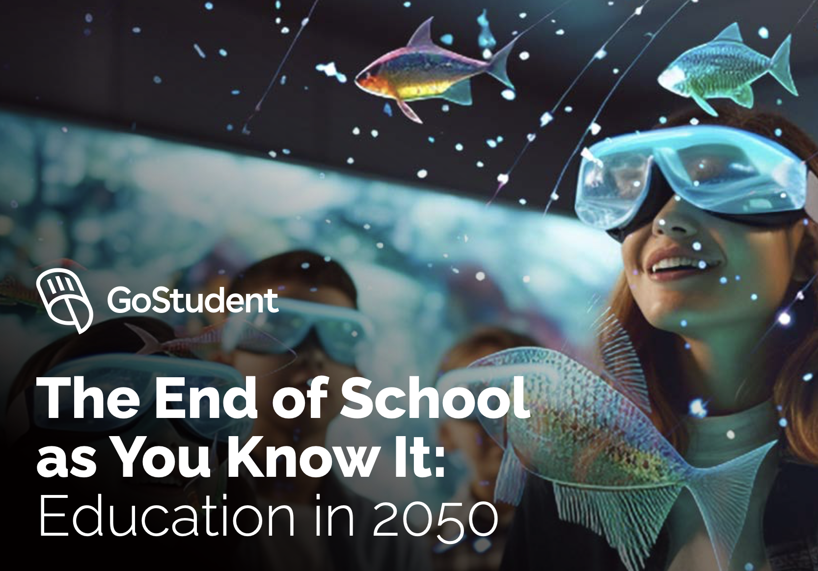 Students using virtual reality headsets and interacting with digital fish during an immersive learning experience, representing the future of education.