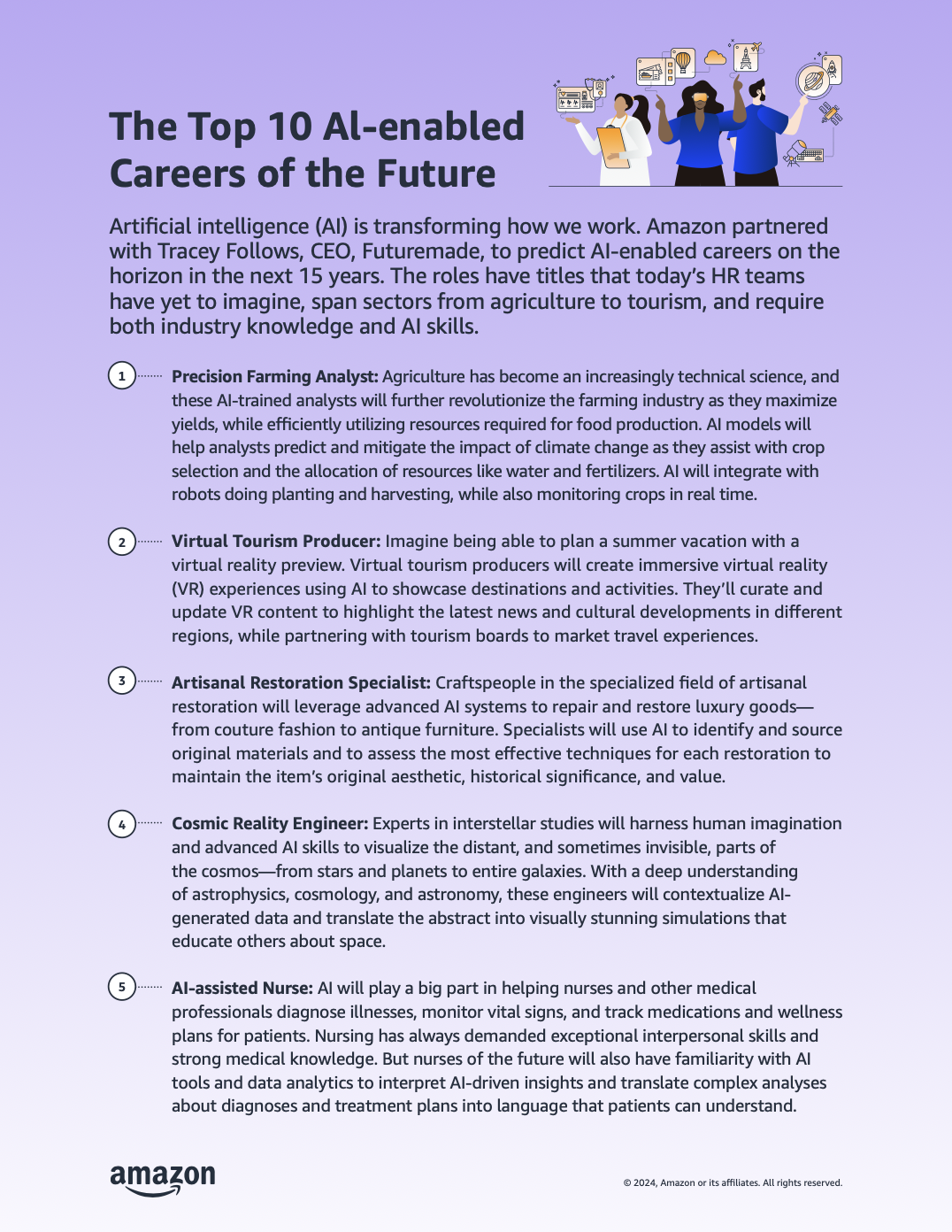 Illustration of diverse people discussing AI careers against a purple background with icons representing various industries.