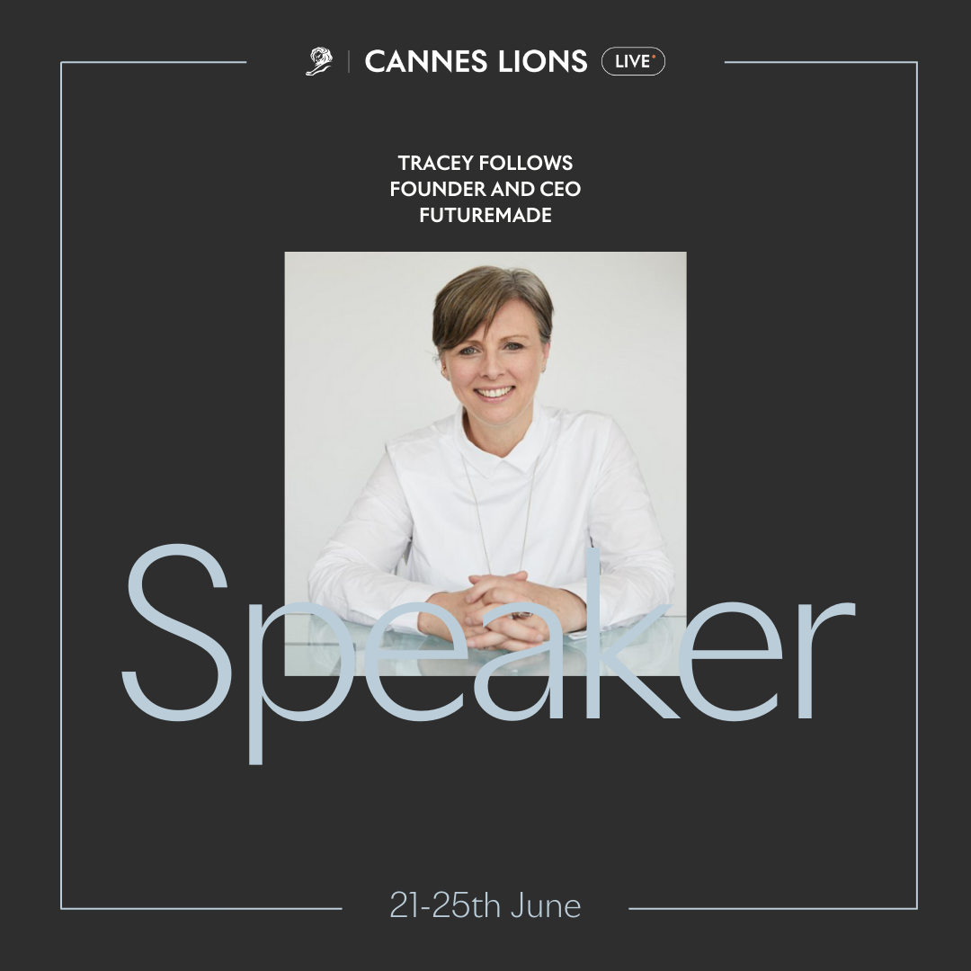 Image of a woman smiling, sitting at a desk, with the word 'Speaker' overlaid in front of her, and text indicating she is a speaker at the Cannes Lions event from June 21-25.