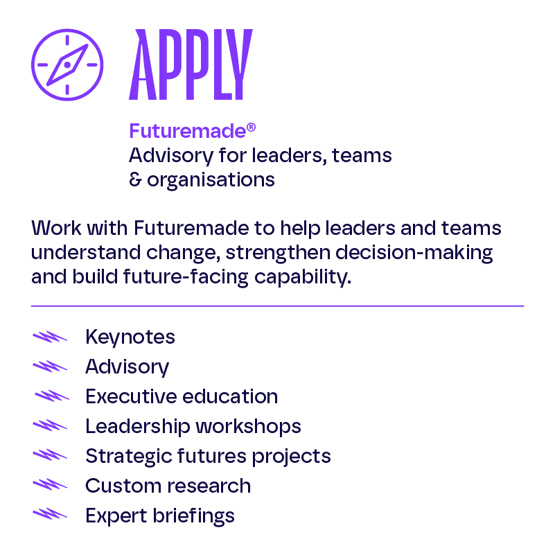 A promotional poster for Futuremade offering advisory services for leaders, teams, and organizations. The poster features a purple text heading 'APPLY' with a compass icon, and lists services including keynotes, advisory, executive education, leaders