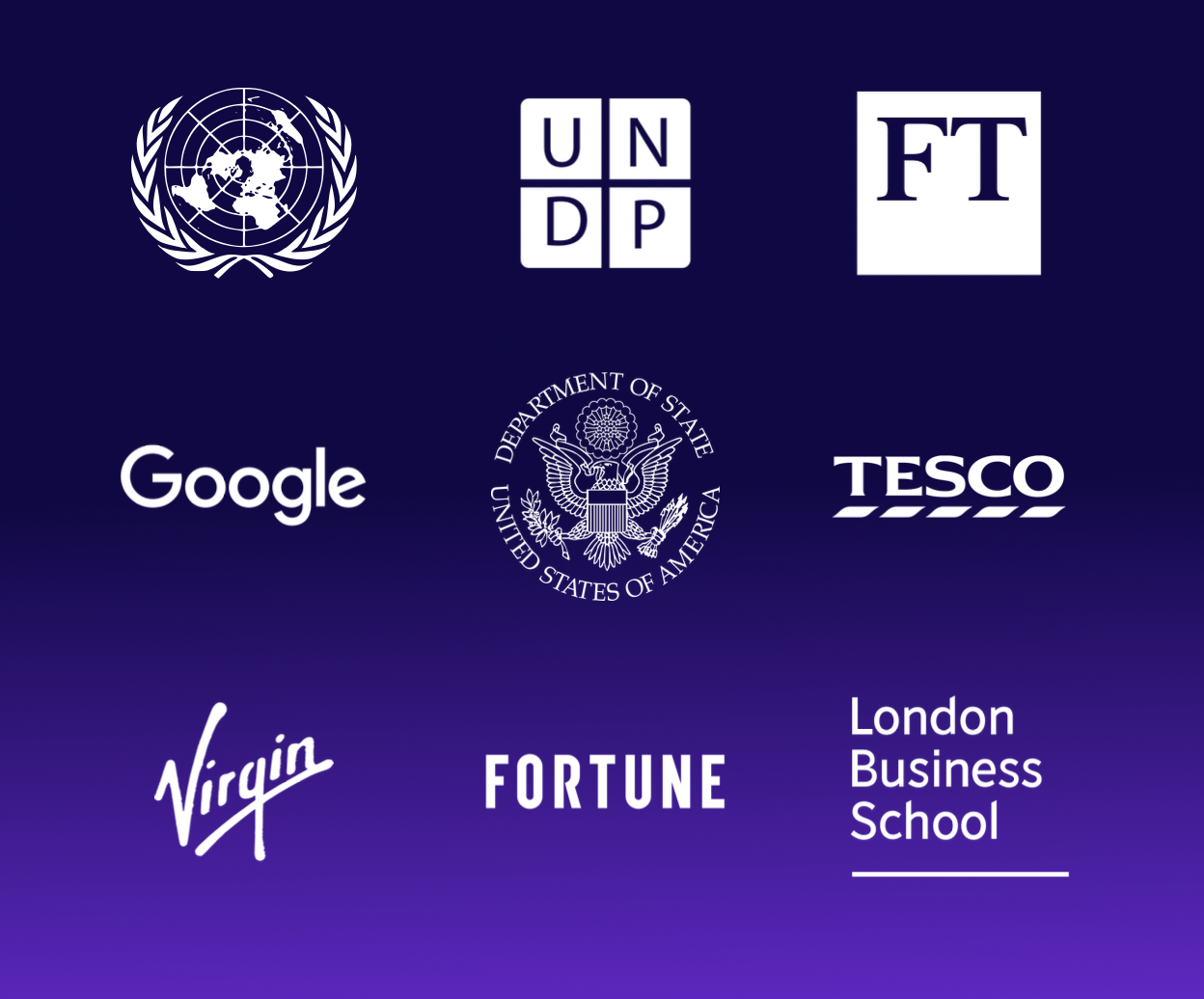 Logos of various organizations including the United Nations, UNDP, Financial Times, Google, U.S. Department of State, Tesco, Virgin, Fortune, and London Business School on a dark blue to purple gradient background.
