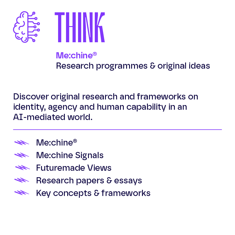 A graphic for Futuremade's THINK Me:chine research programs, featuring an illustration of a brain with circuits, listing research areas including Me:chine, Me:chine Signals, Futuremade Views, research papers, essays, and key concepts and frameworks.