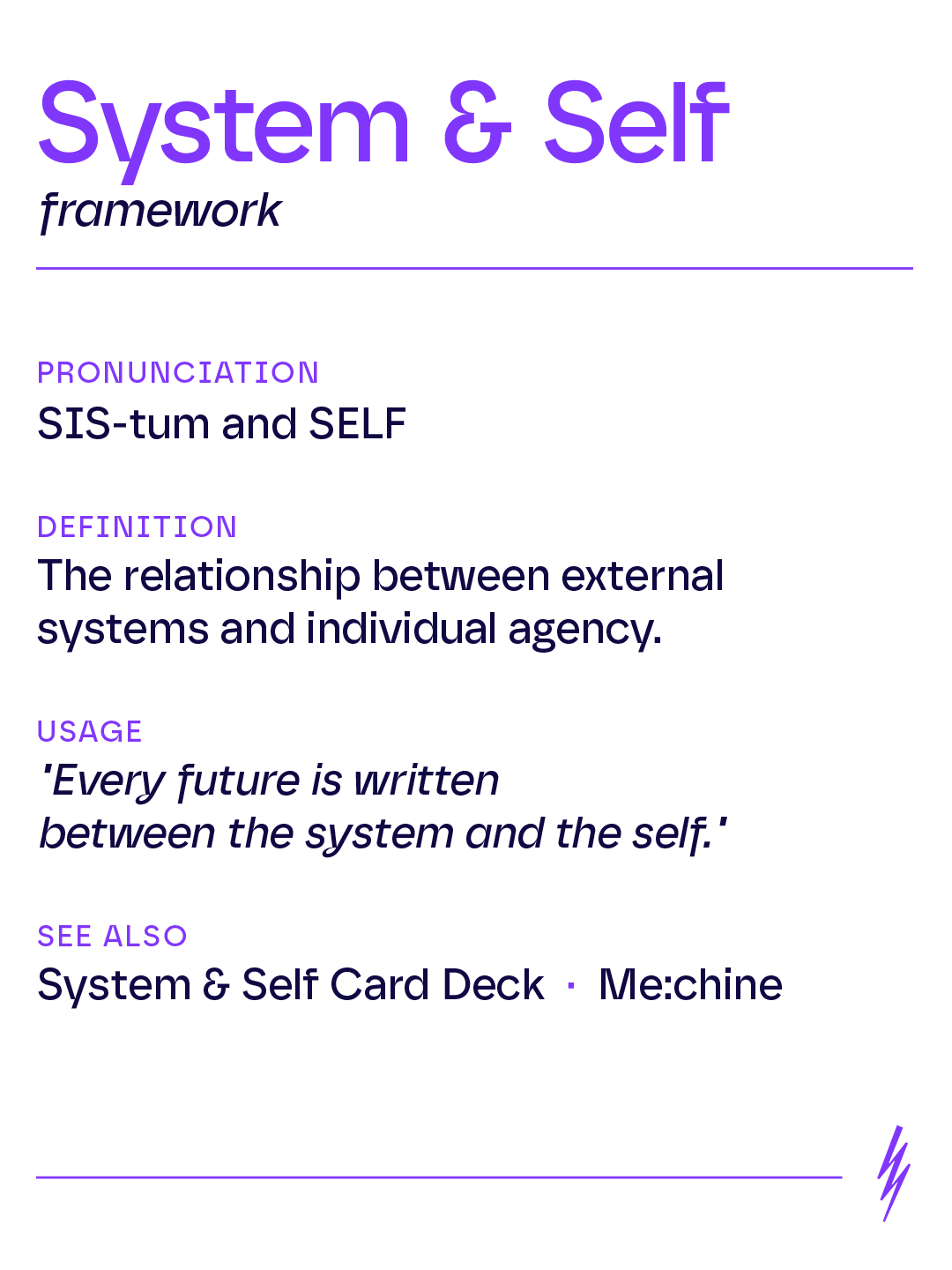 Dictionary entry for 'Database Self' with pronunciation, definition, usage example, related terms, and purple lightning bolt icon.Card Deck - Me:chine'), with a stylized lightning bolt icon (Futuremade logo) in the bottom right corner.