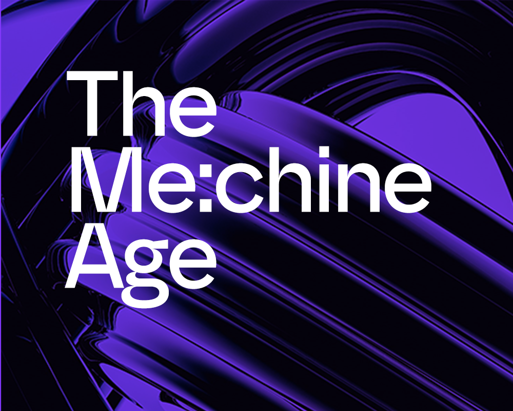Text on a dark purple and black swirling abstract background reads 'The Machine Age'.