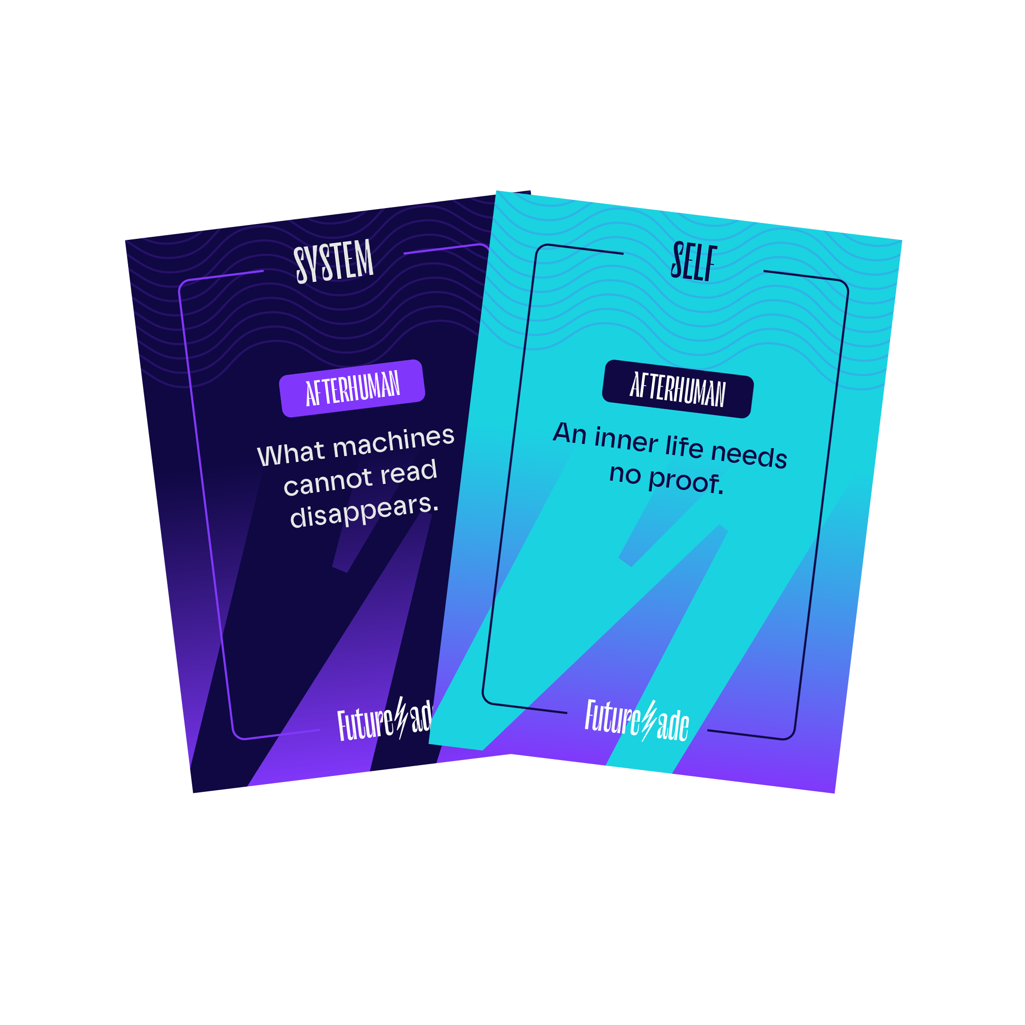 Futuristic digital graphic representing two cards from System & Self card deck.. The left screen is dark purple with the title 'What machines cannot read disappears.' and the right screen is blue with the title 'An inner life needs no proof.'