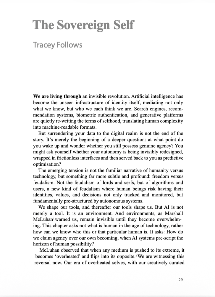 Page from a book titled 'The Sovereign Self' by Tracey Follows, discussing AI, digital identity, and human autonomy.