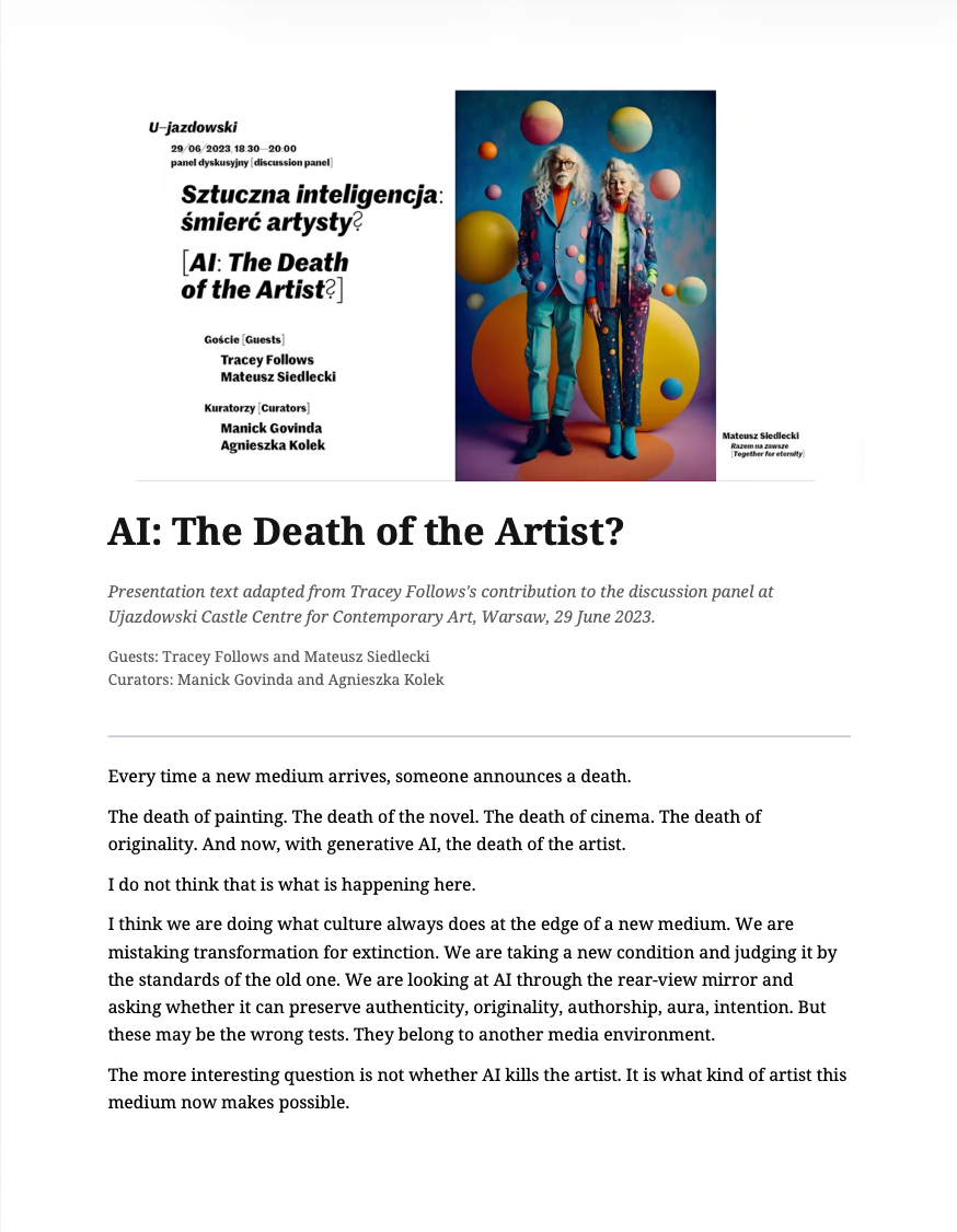 A poster for an event titled "Sztuczna inteligencja: śmierć artysty?" or "AI: The Death of the Artist?" features two older individuals dressed in colorful, eccentric clothing, standing against a vibrant background with floating spheres of various sizes and colors.