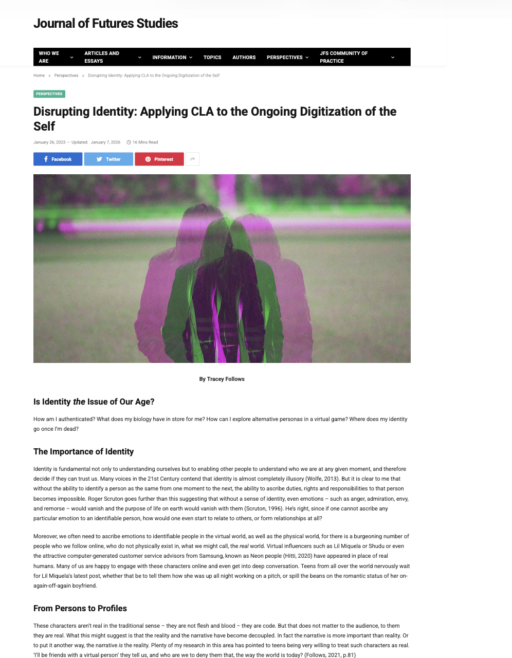 A screenshot of an online article titled 'Disrupting Identity: Applying CLA to the Ongoing Digitization of the Self,' featuring a distorted, glitchy image of a woman with long hair walking outdoors, duplicated and overlaid in pink, green, and purple hues.