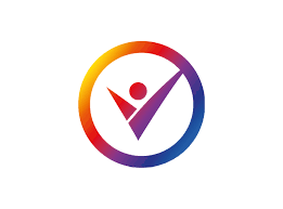A circular logo with a gradient rainbow color, featuring a check mark and a stylized person icon in the center.