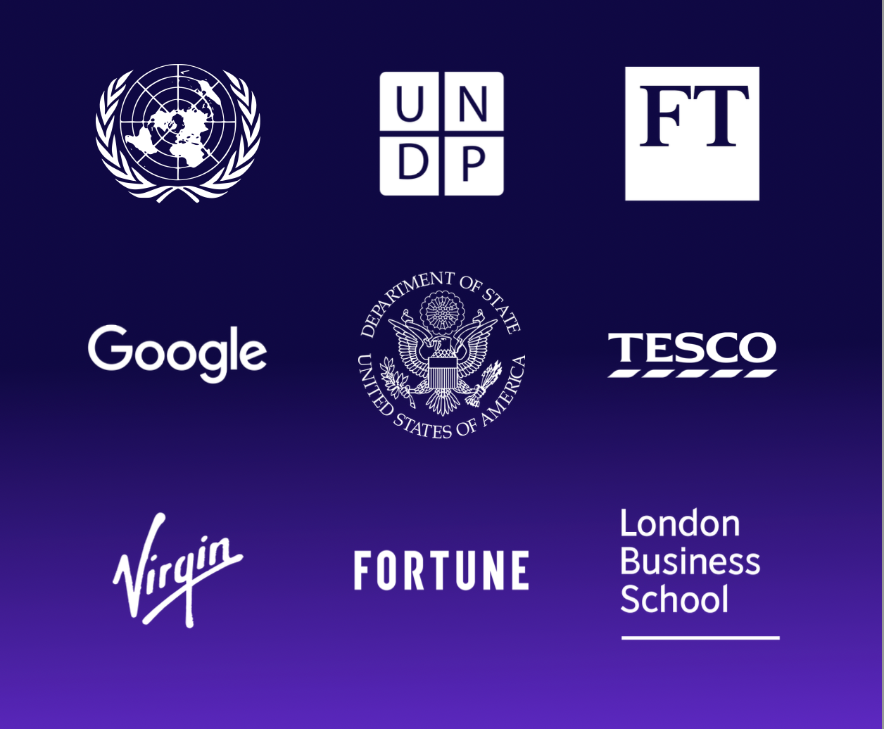 Collage of logos including the United Nations, FT, UNDP, Department of State, Google, U.S. Department of State, Tesco, Virgin, Fortune, and London Business School on a blue gradient background.