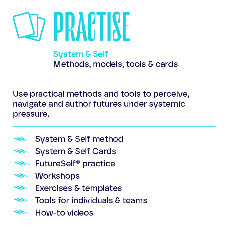 A graphic for Futuremade  "PRACTISE" with sections on System & Self methods, tools, and cards, encouraging practical methods for perception, navigation, and authoring of futures under systemic pressure, including workshops, exercises, templates, tool