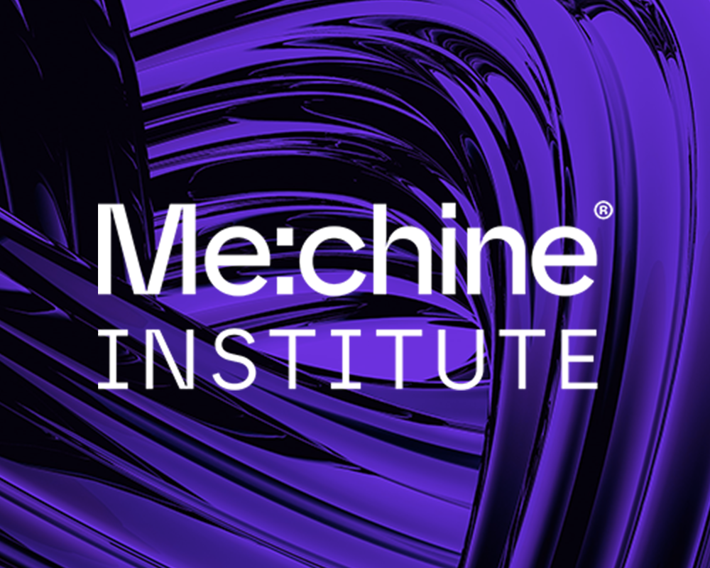 Logo of the Me:chine Institute with a purple and black abstract background.