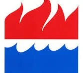 A stylized logo with a red flame above blue waves