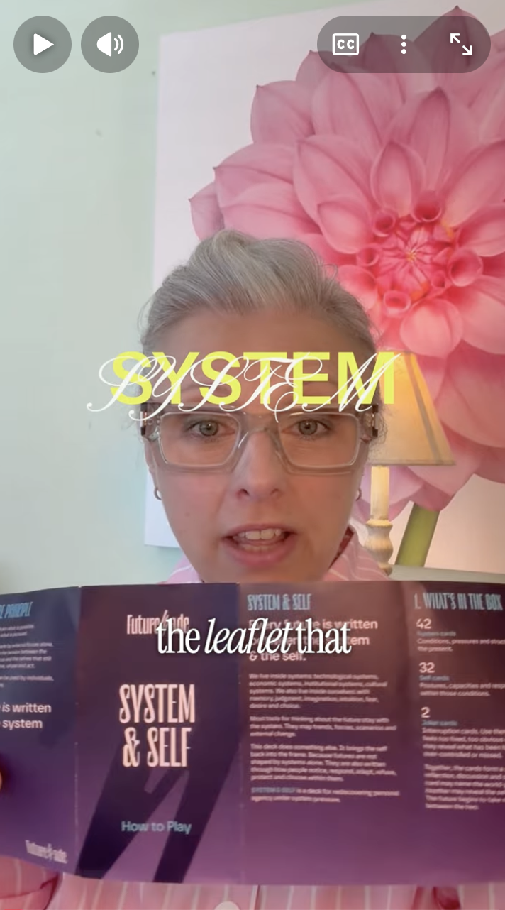 A woman wearing glasses reads a brochure labeled 'System & Self,' with a large pink flower and a lamp in the background.