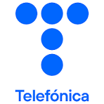 Blue logo with eight circles arranged in a T shape and the word 'Teléfonica' below.
