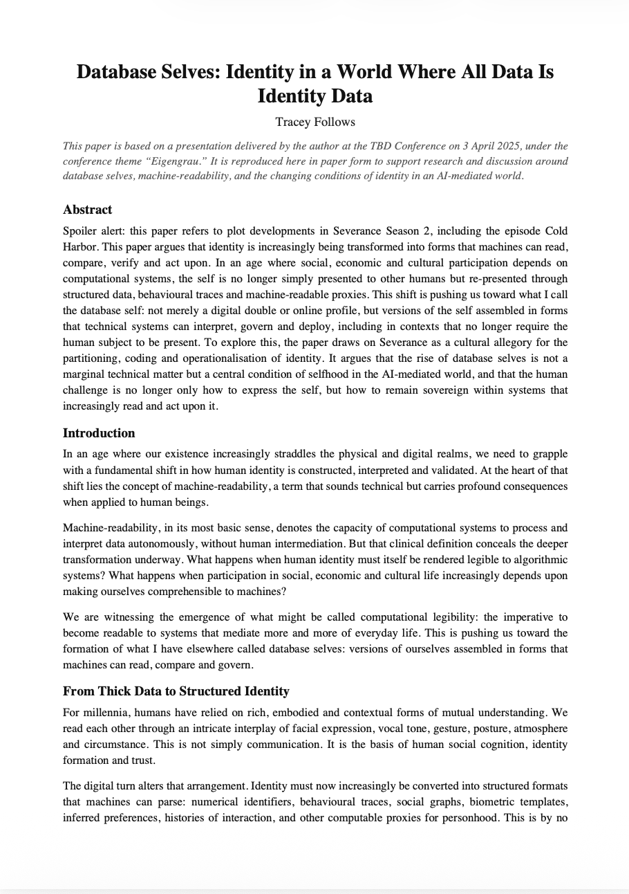Title page of an academic paper titled 'Database Selves: Identity in a World Where All Data Is Identity Data' by Tracey Follows, including the abstract, introduction, and section headers.