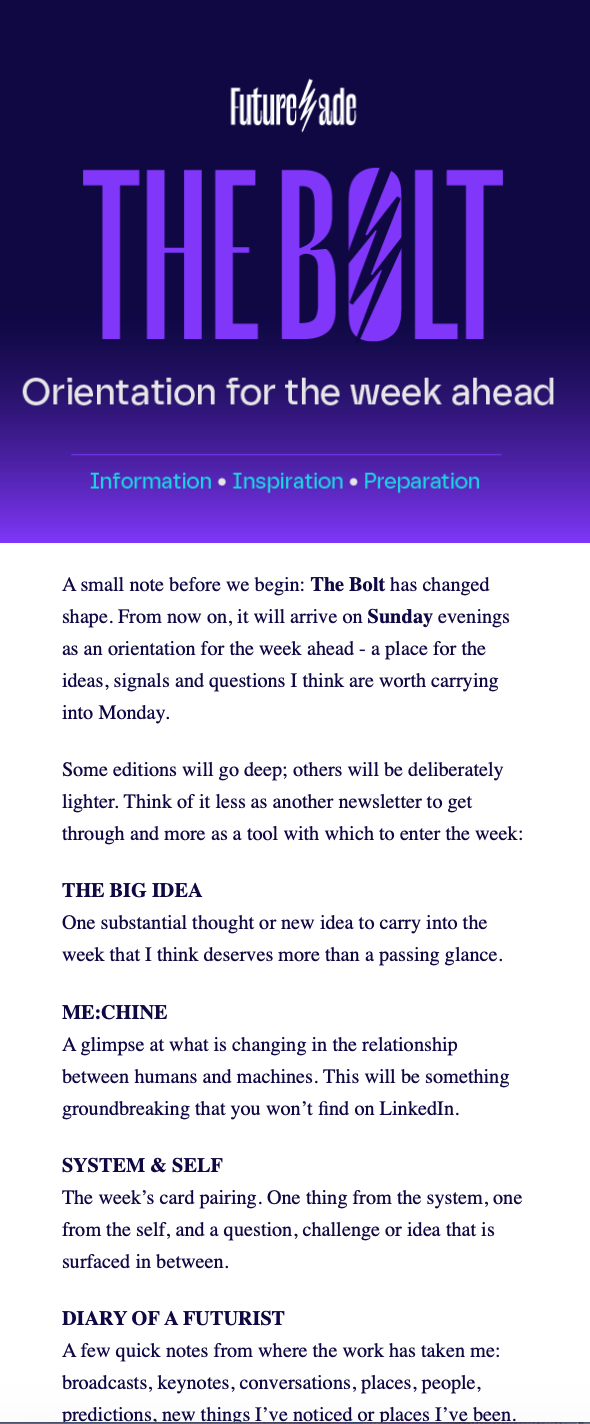 newsletter titled 'THE BOLT' with a purple lightning bolt in the letter 'O'.  'Orientation for the week ahead'. The newsletter advises on weekly ideas, signals, and questions, with sections on big ideas, changing relationships with machines, system and self