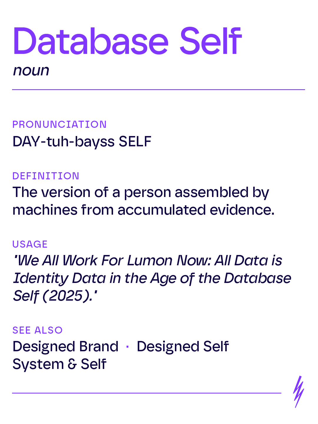 Dictionary entry for 'Database Self' with pronunciation, definition, usage example, related terms, and purple lightning bolt icon. with a stylized lightning bolt icon (Futuremade logo) in the bottom right corner.