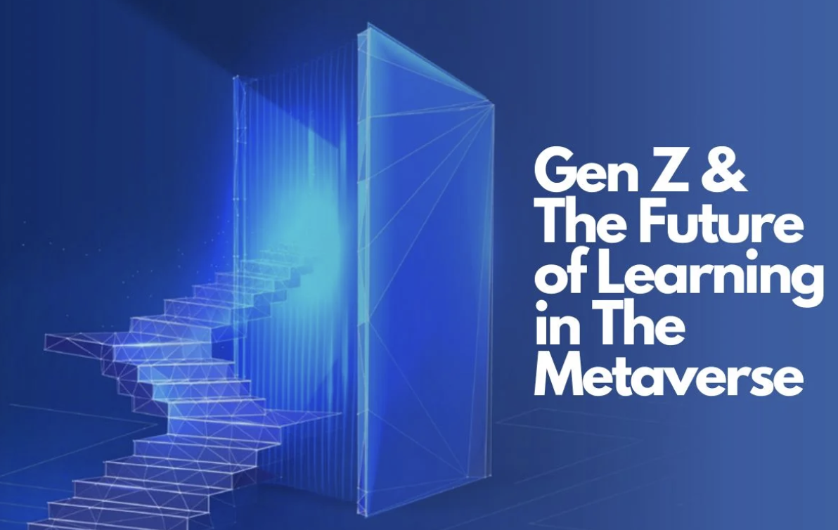 A digital blue illustration of stairs leading up to an open door, symbolizing a gateway to the metaverse, with the text "Gen Z & The Future of Learning in The Metaverse" beside it.