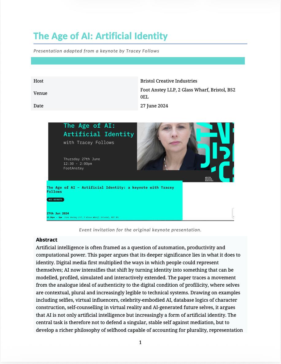 Event poster for 'The Age of AI: Artificial Identity' featuring a photo of Tracey Follows and event details including date, time, location, and an abstract discussing AI and identity.