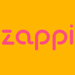 The word 'zappi' in pink lowercase letters on a yellow background.