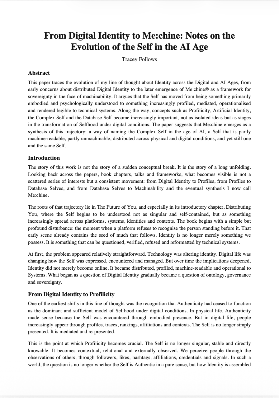A digital document titled 'From Digital Identity to Me:chine: Notes on the Evolution of the Self in the AI Age' by Tracey Follows, with sections including Abstract, Introduction, and From Digital Identity to Proficiency.