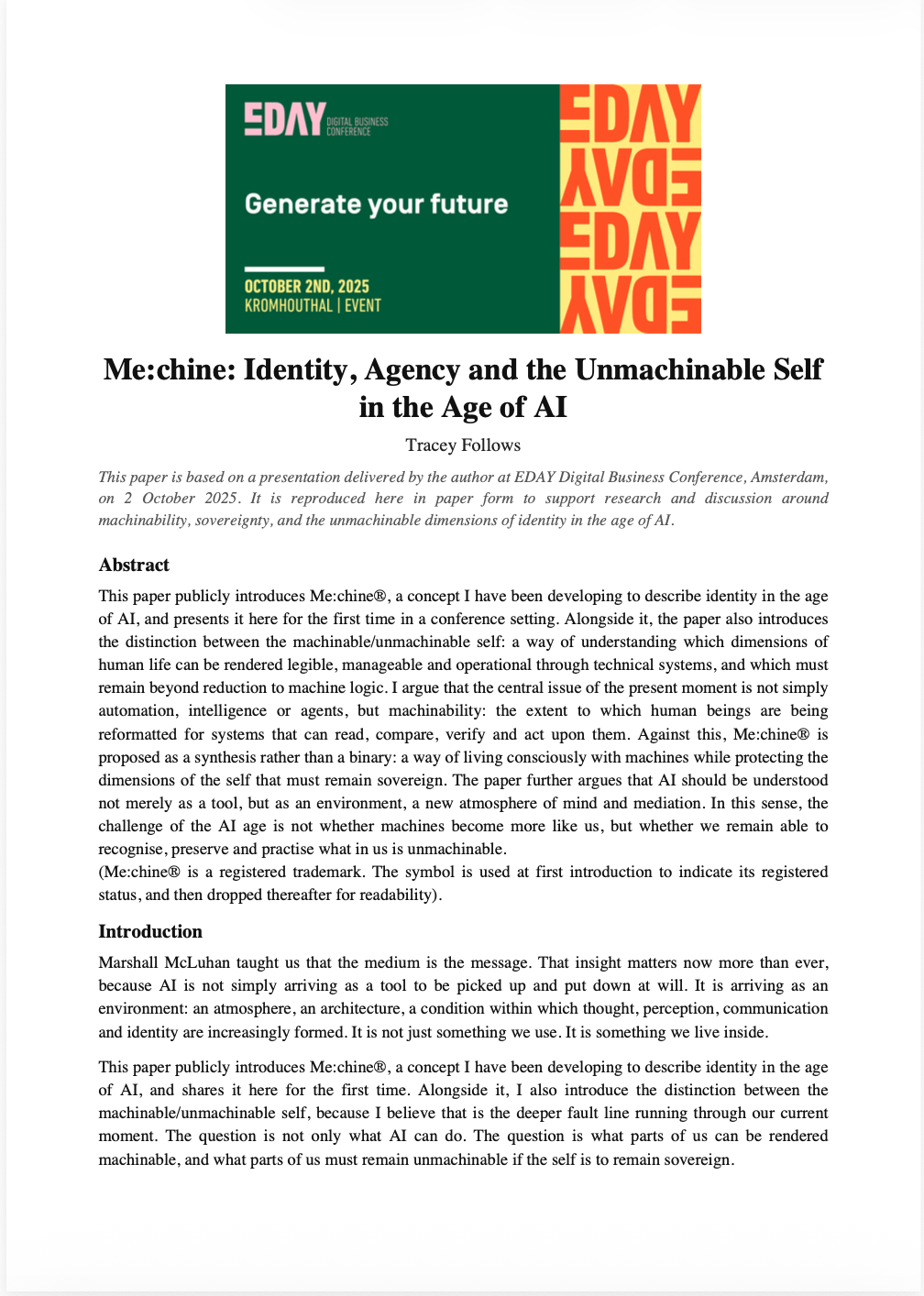 Conference paper titled "Me:chine: Identity, Agency and the Unmachinable Self in the Age of AI" by Tracey Follows, with EDAY Digital Business Conference logo and event details for October 2nd, 2025, in Kromhouthal.