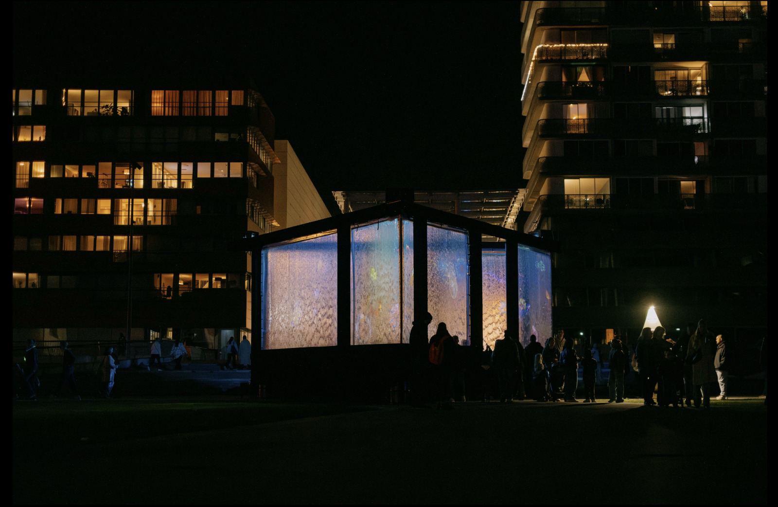 Watercolour — installation between the surrounding buildings